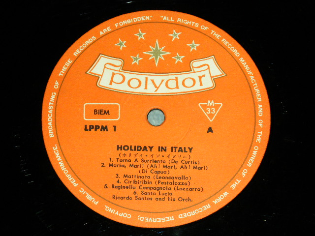 Photo: RICARDO SANTOS and His ORCHESTRA  リカルド・サントス- HOLIDAI IN ITALY / 1954 JAPAN ORIGINAL Used  LP